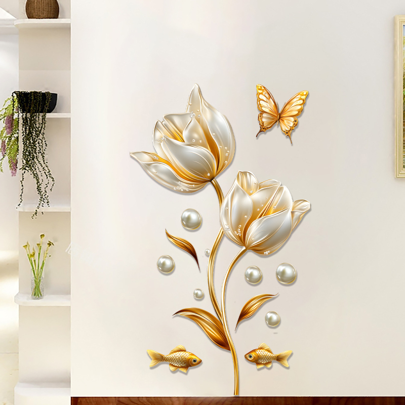 Αυτοκόλλητο τοίχου 3D με σχέδιο λουλουδιού-πεταλούδας, PVC, αδιάβροχο, αυτοκόλλητο