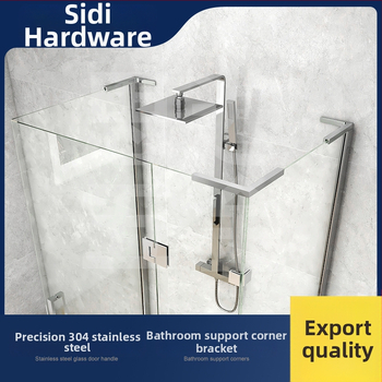 Uhlový spojovací diel pre sklenené dvere do kúpeľne z nehrdzavejúcej ocele 304, bez rámu, montáž na stenu pod 90°, vhodné pre 8–10 mm tvrdené sklo, model FC500R