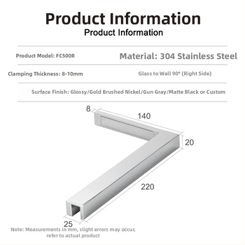Uhlový spojovací diel pre sklenené dvere do kúpeľne z nehrdzavejúcej ocele 304, bez rámu, montáž na stenu pod 90°, vhodné pre 8–10 mm tvrdené sklo, model FC500R