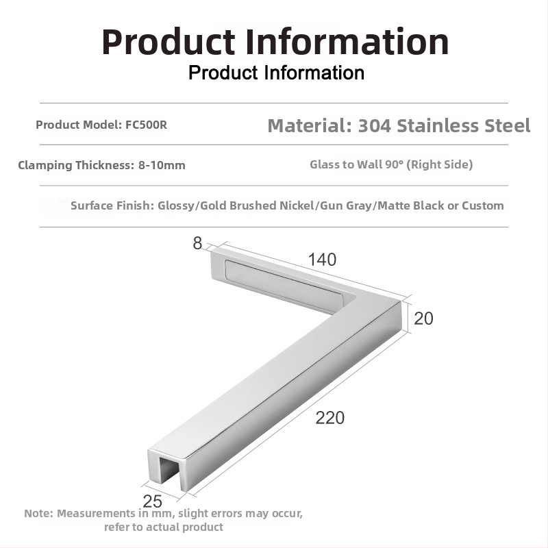 Uhlový spojovací diel pre sklenené dvere do kúpeľne z nehrdzavejúcej ocele 304, bez rámu, montáž na stenu pod 90°, vhodné pre 8–10 mm tvrdené sklo, model FC500R