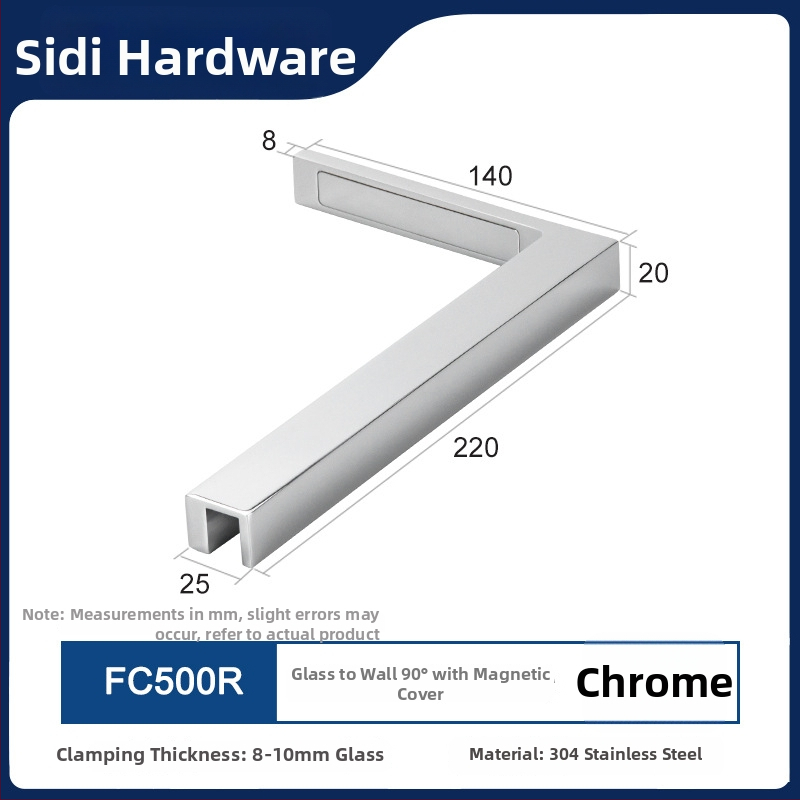 Uhlový spojovací diel pre sklenené dvere do kúpeľne z nehrdzavejúcej ocele 304, bez rámu, montáž na stenu pod 90°, vhodné pre 8–10 mm tvrdené sklo, model FC500R