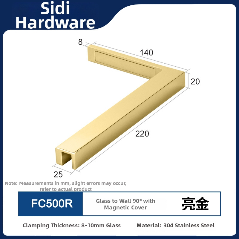 Uhlový spojovací diel pre sklenené dvere do kúpeľne z nehrdzavejúcej ocele 304, bez rámu, montáž na stenu pod 90°, vhodné pre 8–10 mm tvrdené sklo, model FC500R