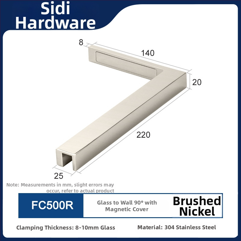 Uhlový spojovací diel pre sklenené dvere do kúpeľne z nehrdzavejúcej ocele 304, bez rámu, montáž na stenu pod 90°, vhodné pre 8–10 mm tvrdené sklo, model FC500R