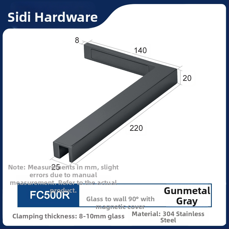 Uhlový spojovací diel pre sklenené dvere do kúpeľne z nehrdzavejúcej ocele 304, bez rámu, montáž na stenu pod 90°, vhodné pre 8–10 mm tvrdené sklo, model FC500R