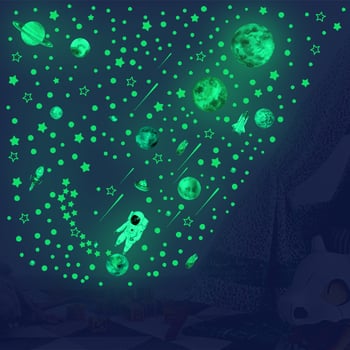 Φωτιζόμενα αυτοκόλλητα τοίχου με αστροναύτη και αστέρια – 4 τεμάχια, αδιάβροχο PVC, κατάλληλα για σαλόνι, υπνοδωμάτιο, γραφείο και είσοδο, μοντέρνος μινιμαλιστικός σχεδιασμός, σχέδιο 19373433771