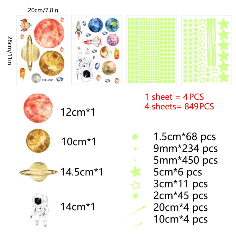 Φωτιζόμενα αυτοκόλλητα τοίχου με αστροναύτη και αστέρια – 4 τεμάχια, αδιάβροχο PVC, κατάλληλα για σαλόνι, υπνοδωμάτιο, γραφείο και είσοδο, μοντέρνος μινιμαλιστικός σχεδιασμός, σχέδιο 19373433771