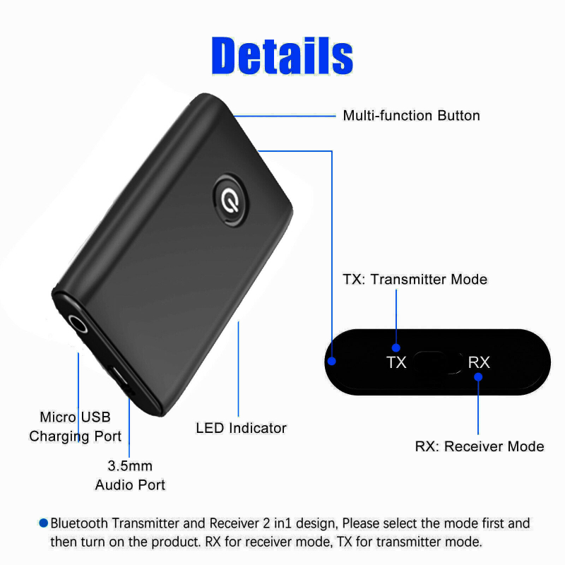 Bluetooth transmiter/prijemnik 2-u-1 s AUX-om, Bluetooth 5.0, Plug‑and‑Play, vanjsko napajanje, domet 10 m