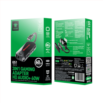 Plextone GS1 Μετατροπέας USB-C 3-σε-1 και κάρτα ήχου για παιχνίδια, 60W γρήγορη φόρτιση
