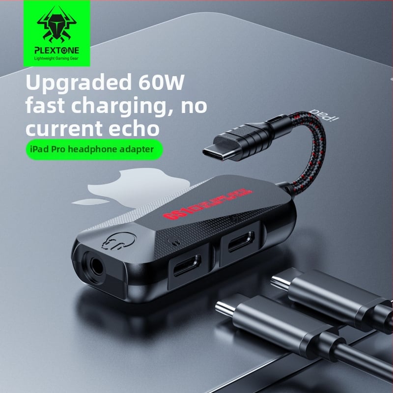 Plextone GS1 Μετατροπέας USB-C 3-σε-1 και κάρτα ήχου για παιχνίδια, 60W γρήγορη φόρτιση