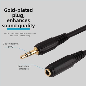 3,5 mm audio predlžovací kábel, samec–samica, pre počítačové periférie, model Q-344 (Type: Speaker Cable; Model: Q-344; Craft: Gold plating; Core: Tinned copper wire; Wire: Oxygen-free copper)