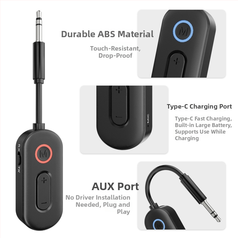 Bluetooth 6.0 prijímač-vysielač, 2 v 1 pre auto, AUX 3,5 mm, Plug and Play, dosah až 10 m