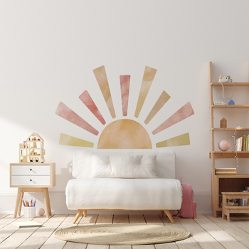 Naljepnica za zid za dječju sobu – PVC, vodootporna, sun motív s radijalnim zrakama, crtani ploski stil, 1 panel, pogodna za dnevni boravak, spavaću sobu, studij, restoran, kuhinju, kupaonu, ulaz, balkon i trgovačke prostore