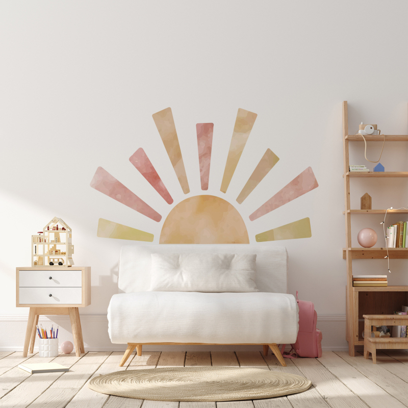 Naljepnica za zid za dječju sobu – PVC, vodootporna, sun motív s radijalnim zrakama, crtani ploski stil, 1 panel, pogodna za dnevni boravak, spavaću sobu, studij, restoran, kuhinju, kupaonu, ulaz, balkon i trgovačke prostore
