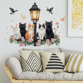 Αυτοκόλλητο τοίχου - Ακουαρέλα γάτα με φανάρι δρόμου και λουλούδια, PVC διακοσμητικό για σαλόνι και υπνοδωμάτιο, μοντέρνος μινιμαλιστικός σχεδιασμός
