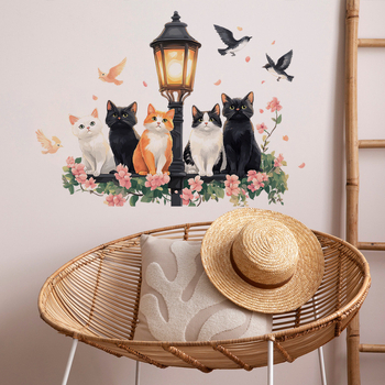 Αυτοκόλλητο τοίχου - Ακουαρέλα γάτα με φανάρι δρόμου και λουλούδια, PVC διακοσμητικό για σαλόνι και υπνοδωμάτιο, μοντέρνος μινιμαλιστικός σχεδιασμός
