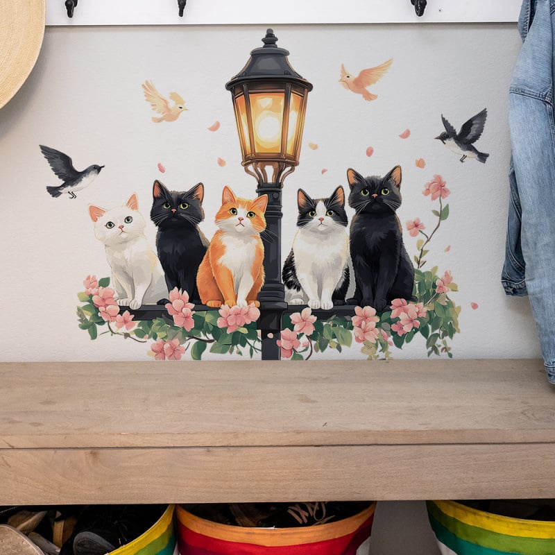 Αυτοκόλλητο τοίχου - Ακουαρέλα γάτα με φανάρι δρόμου και λουλούδια, PVC διακοσμητικό για σαλόνι και υπνοδωμάτιο, μοντέρνος μινιμαλιστικός σχεδιασμός