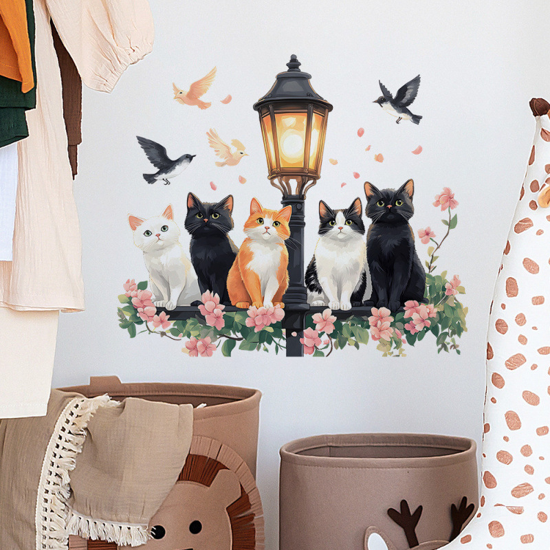 Αυτοκόλλητο τοίχου - Ακουαρέλα γάτα με φανάρι δρόμου και λουλούδια, PVC διακοσμητικό για σαλόνι και υπνοδωμάτιο, μοντέρνος μινιμαλιστικός σχεδιασμός