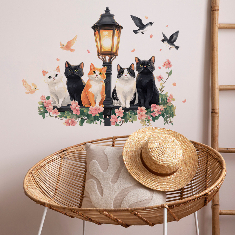 Αυτοκόλλητο τοίχου - Ακουαρέλα γάτα με φανάρι δρόμου και λουλούδια, PVC διακοσμητικό για σαλόνι και υπνοδωμάτιο, μοντέρνος μινιμαλιστικός σχεδιασμός