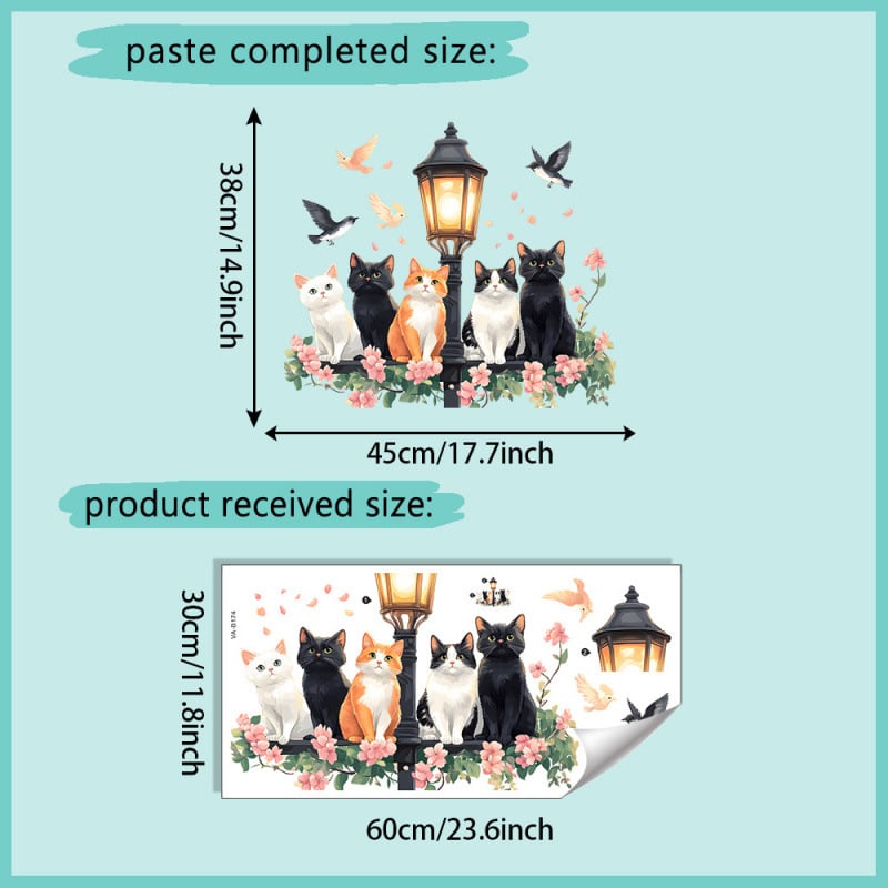 Αυτοκόλλητο τοίχου - Ακουαρέλα γάτα με φανάρι δρόμου και λουλούδια, PVC διακοσμητικό για σαλόνι και υπνοδωμάτιο, μοντέρνος μινιμαλιστικός σχεδιασμός