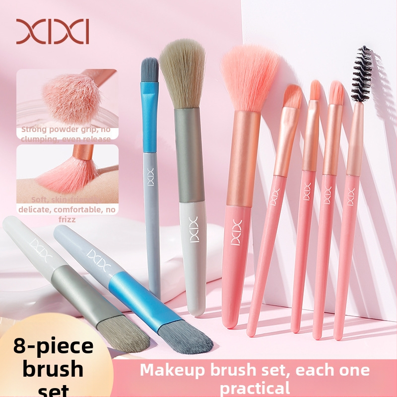 Xixi 8 darabos sminkecset-készlet, szintetikus sörtéjű, fa nyél, hordozható neszesszerrel