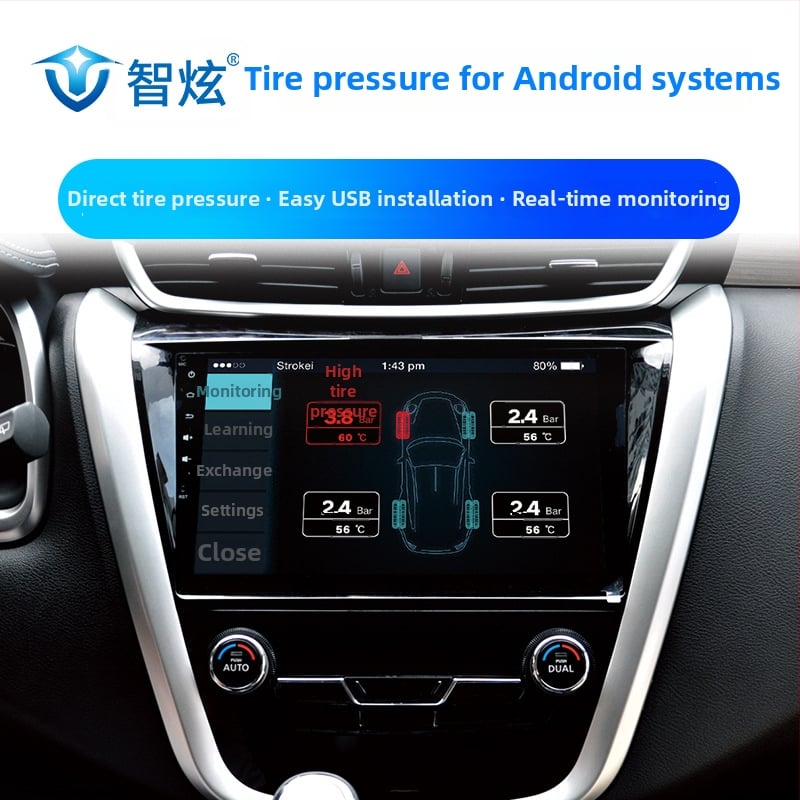 Monitor tlaka pneu automobila s USB-om, Android veliki zaslon za navigaciju, ugrađeni senzor tlaka