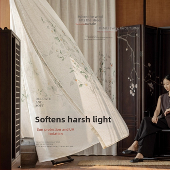 Závesy do okien z polyesteru, tlač a džakard, priehľadné, do obývačky, spálne a pracovne, Nový čínsky štýl (Polyester; Tlač, Džakard; Priehľadné; Obývačka, Spálňa, Pracovňa)