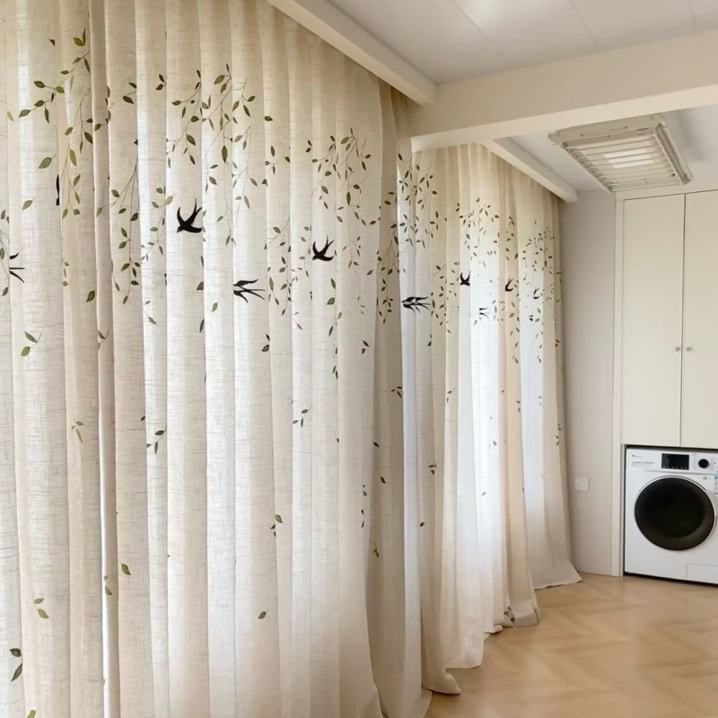 Завеси за прозорци, полиестер, печат и жакард, прозрачни, за дневна, спалня и кабинет, стил Нов китайски стил (Полиестер; Печат, жакард; Прозрачни; За дневна, спалня, кабинет)