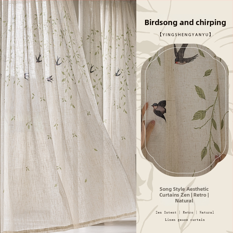 Závesy do okien z polyesteru, tlač a džakard, priehľadné, do obývačky, spálne a pracovne, Nový čínsky štýl (Polyester; Tlač, Džakard; Priehľadné; Obývačka, Spálňa, Pracovňa)