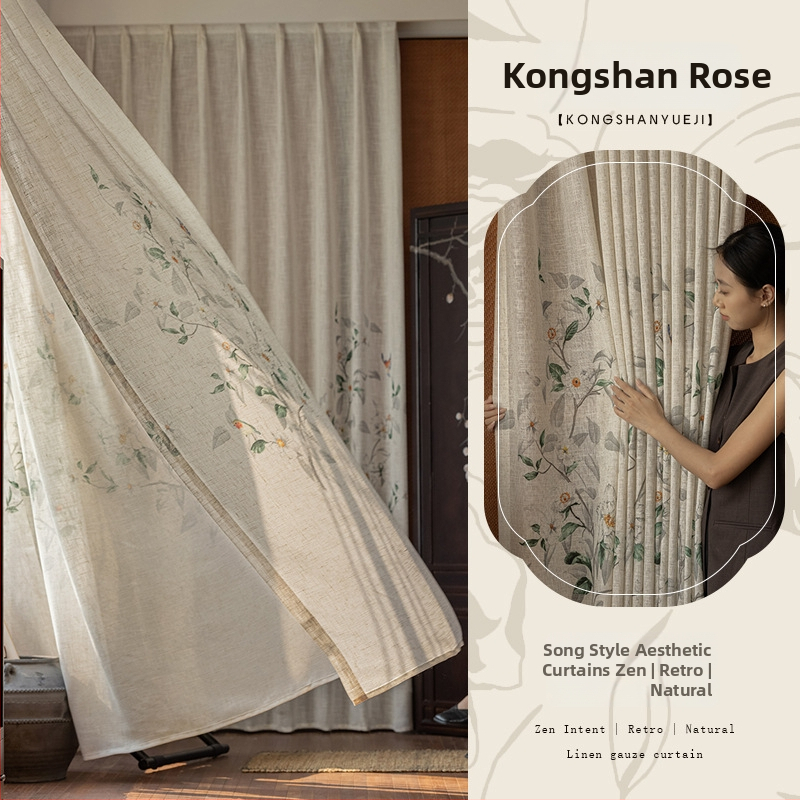 Závesy do okien z polyesteru, tlač a džakard, priehľadné, do obývačky, spálne a pracovne, Nový čínsky štýl (Polyester; Tlač, Džakard; Priehľadné; Obývačka, Spálňa, Pracovňa)