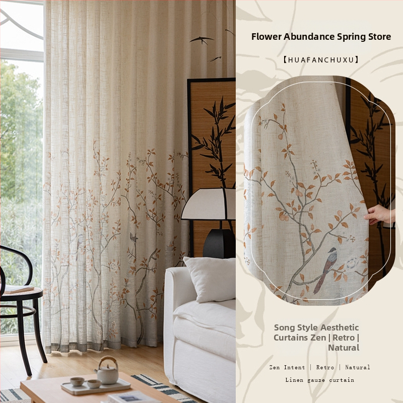 Závesy do okien z polyesteru, tlač a džakard, priehľadné, do obývačky, spálne a pracovne, Nový čínsky štýl (Polyester; Tlač, Džakard; Priehľadné; Obývačka, Spálňa, Pracovňa)