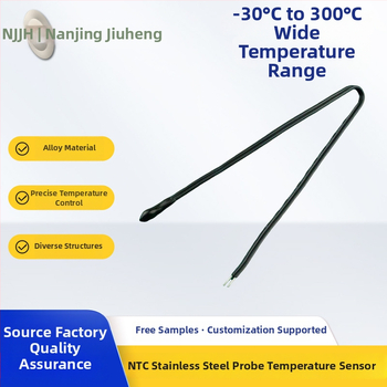 NTC teplotný senzor, plug-in zapojenie, 5K/10K/50K, pre priemyselné, lekárske a domáce zariadenia; rozsah -30°C až 300°C; materiály: nerezová oceľ, hliníková zliatina, epoxidové tesnenie
