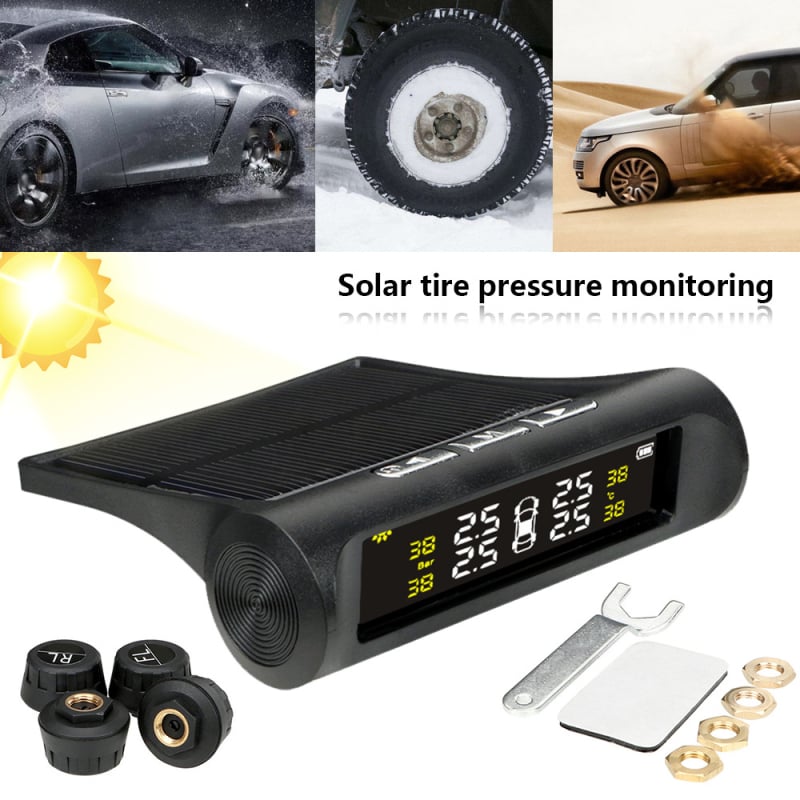 TPMS sustav za nadzor tlaka u gumama – model T1, bežični solarni senzor, digitalni zaslon, raspon tlaka 0–8 BAR, univerzalna kompatibilnost