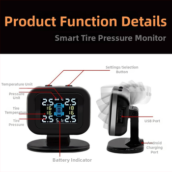Autó USB-s TPMS külső detektálási rendszer digitális kijelzővel — modell C120, magas pontosság, 0–7 bar tartomány