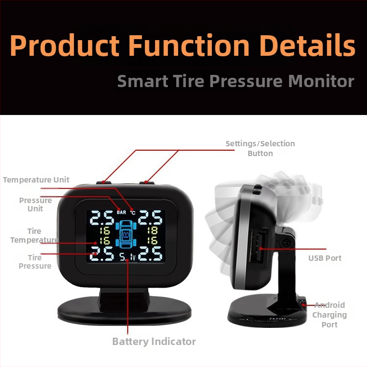 Autó USB-s TPMS külső detektálási rendszer digitális kijelzővel — modell C120, magas pontosság, 0–7 bar tartomány