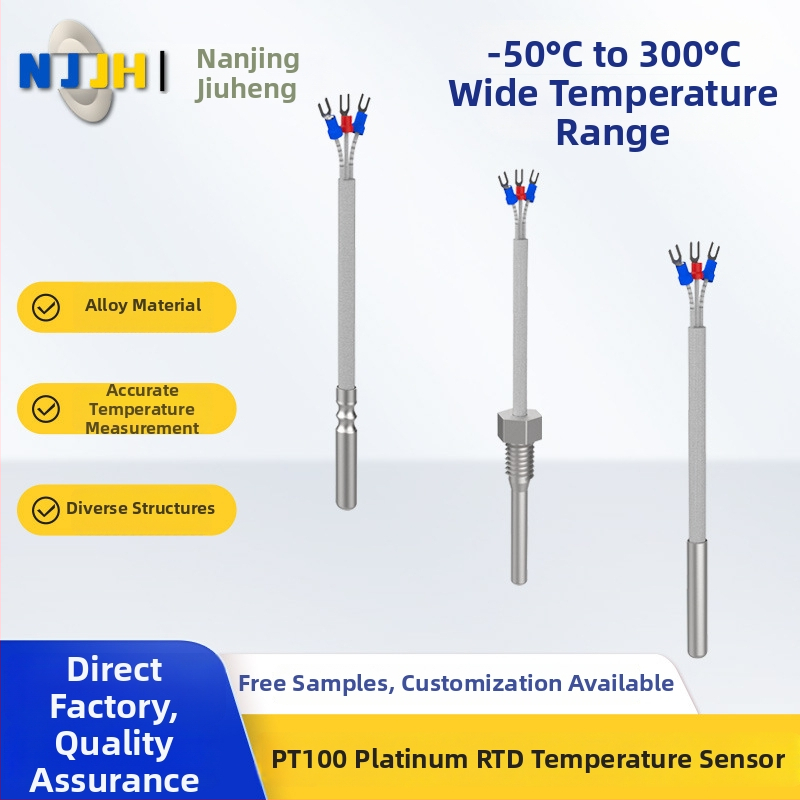 Pt100 platínový rezistívny teplotný senzor sonda, plug-in zapojenie, prevádzkový rozsah -50°C až 300°C, materiál: nerezová oceľ a zliatina hliníka, vhodný pre priemyselné a lekárske zariadenia
