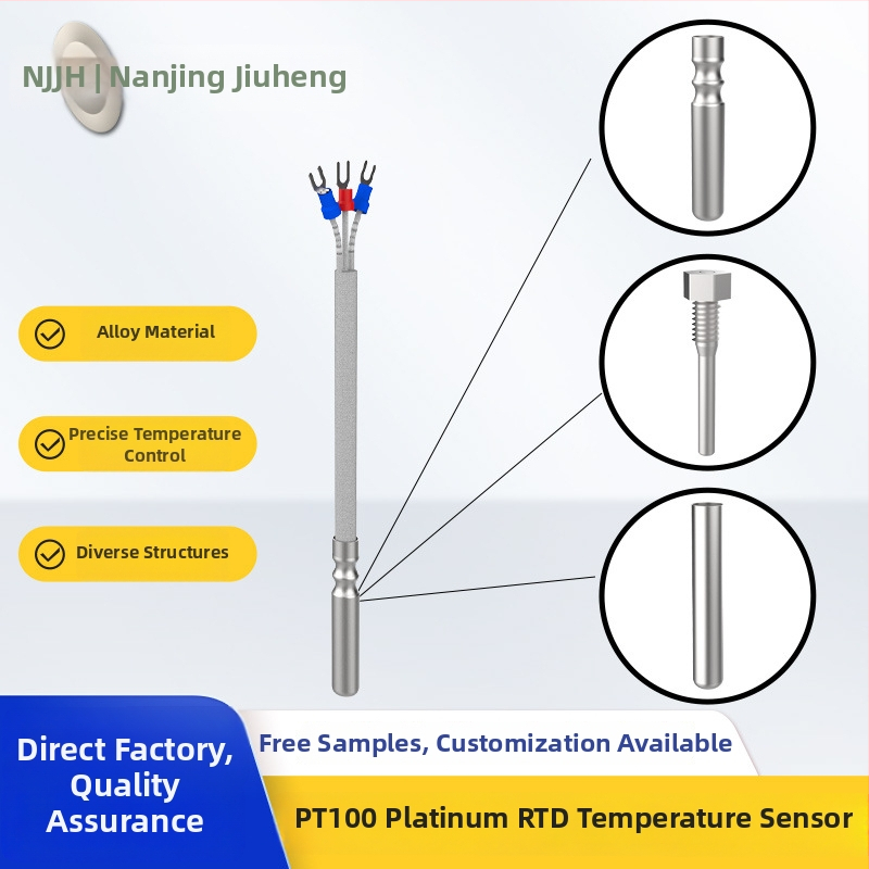 Pt100 platínový rezistívny teplotný senzor sonda, plug-in zapojenie, prevádzkový rozsah -50°C až 300°C, materiál: nerezová oceľ a zliatina hliníka, vhodný pre priemyselné a lekárske zariadenia