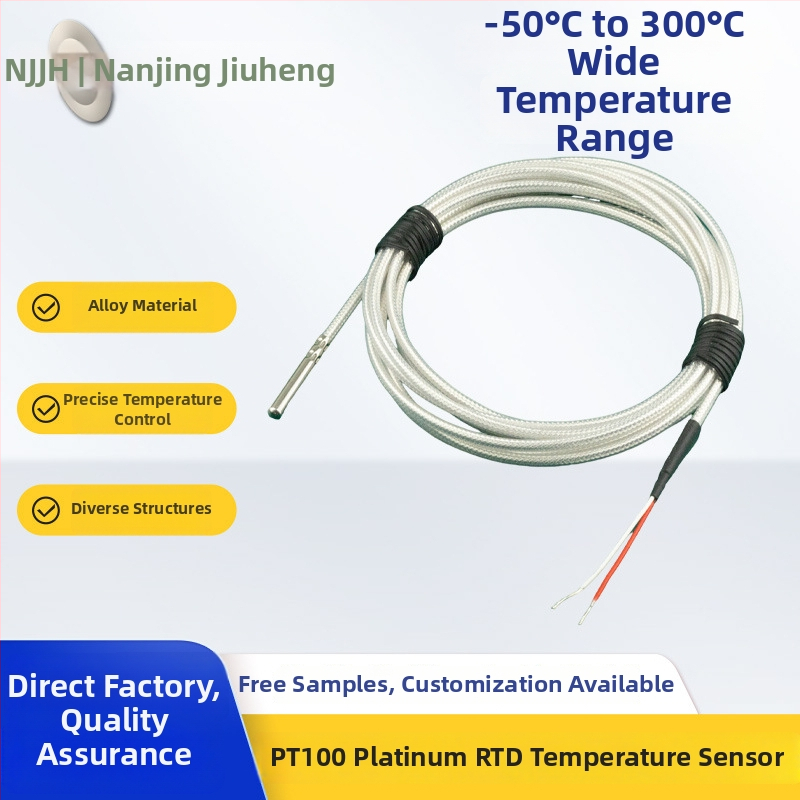 Pt100 platínový rezistívny teplotný senzor sonda, plug-in zapojenie, prevádzkový rozsah -50°C až 300°C, materiál: nerezová oceľ a zliatina hliníka, vhodný pre priemyselné a lekárske zariadenia
