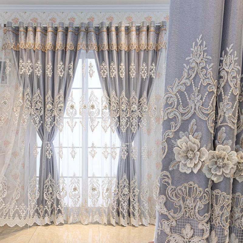 Kétrétegű domborított hímzett függönyök három virág motívummal, poliészter jacquard; magas árnyékolás 71–90%; padlótól a mennyezetig érő, erkély- és sarokablakhoz; római fejvég