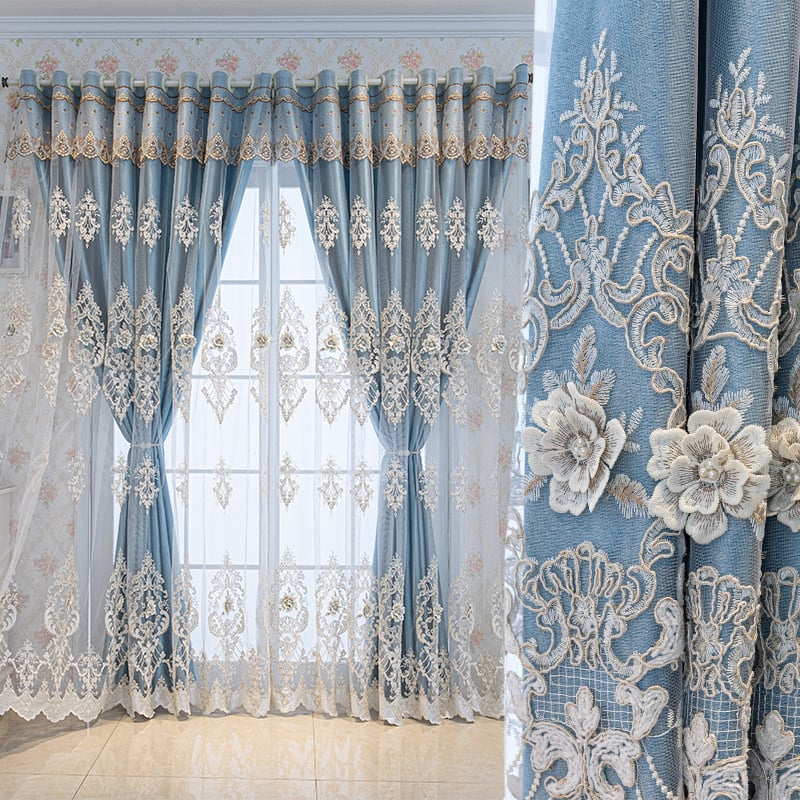 Kétrétegű domborított hímzett függönyök három virág motívummal, poliészter jacquard; magas árnyékolás 71–90%; padlótól a mennyezetig érő, erkély- és sarokablakhoz; római fejvég