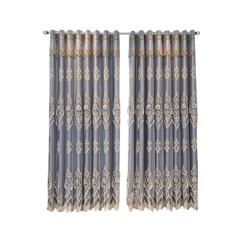 Kétrétegű domborított hímzett függönyök három virág motívummal, poliészter jacquard; magas árnyékolás 71–90%; padlótól a mennyezetig érő, erkély- és sarokablakhoz; római fejvég