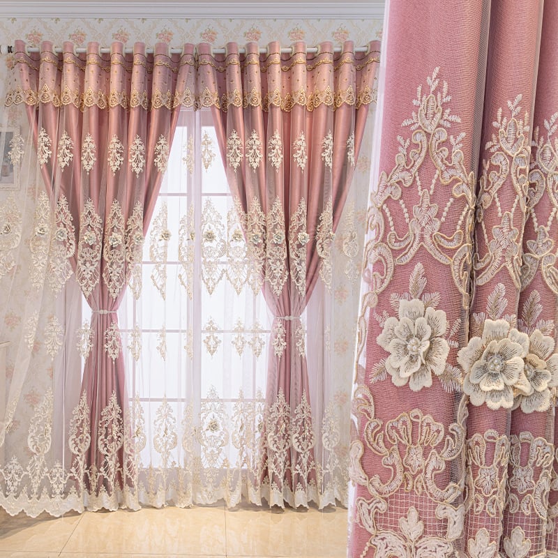 Kétrétegű domborított hímzett függönyök három virág motívummal, poliészter jacquard; magas árnyékolás 71–90%; padlótól a mennyezetig érő, erkély- és sarokablakhoz; római fejvég