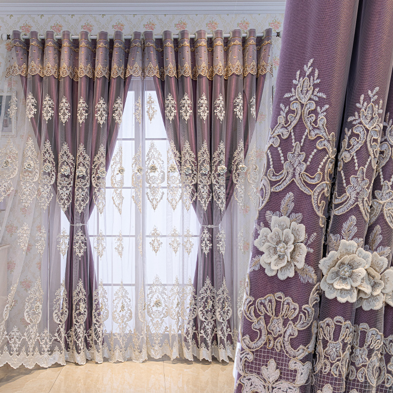 Kétrétegű domborított hímzett függönyök három virág motívummal, poliészter jacquard; magas árnyékolás 71–90%; padlótól a mennyezetig érő, erkély- és sarokablakhoz; római fejvég