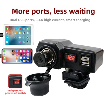 Punjač za mobitel na motocikl s dvostrukim USB-om i upaljačem, 10-24V s voltmetrom