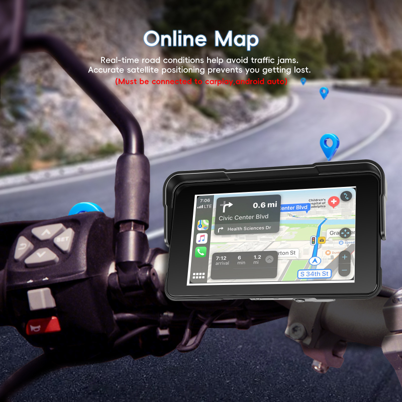 Мотоциклетен 5-инчов хоризонтален дисплей с безжично CarPlay/Android Auto, преносима GPS навигация, Bluetooth мониторинг на налягането в гумите, до 64 GB памет