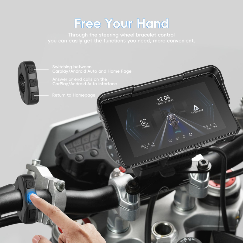 Мотоциклетен 5-инчов хоризонтален дисплей с безжично CarPlay/Android Auto, преносима GPS навигация, Bluetooth мониторинг на налягането в гумите, до 64 GB памет
