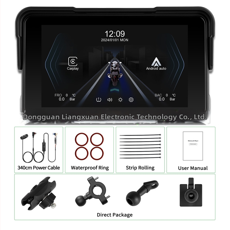 Motocyklistický 5-palcový horizontálny displej so bezdrôtovým CarPlay/Android Auto, prenosná GPS navigácia, Bluetooth monitorovanie tlaku v pneumatikách, až 64 GB úložisko