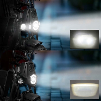 Juru Kd-01 far LED frontal pentru biciclete electrice și motociclete off-road – difuzor Bluetooth, corn, lumini de zi, fascicule joase și înalte; 36V/0.33A, 48V/0.25A, IPx4, ABS+PC+aliaj de aluminiu