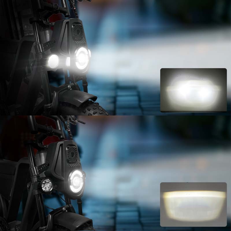 Juru Kd-01 far LED frontal pentru biciclete electrice și motociclete off-road – difuzor Bluetooth, corn, lumini de zi, fascicule joase și înalte; 36V/0.33A, 48V/0.25A, IPx4, ABS+PC+aliaj de aluminiu