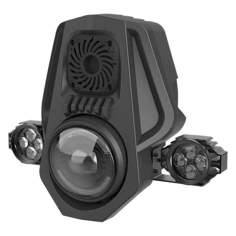 Juru Kd-01 far LED frontal pentru biciclete electrice și motociclete off-road – difuzor Bluetooth, corn, lumini de zi, fascicule joase și înalte; 36V/0.33A, 48V/0.25A, IPx4, ABS+PC+aliaj de aluminiu