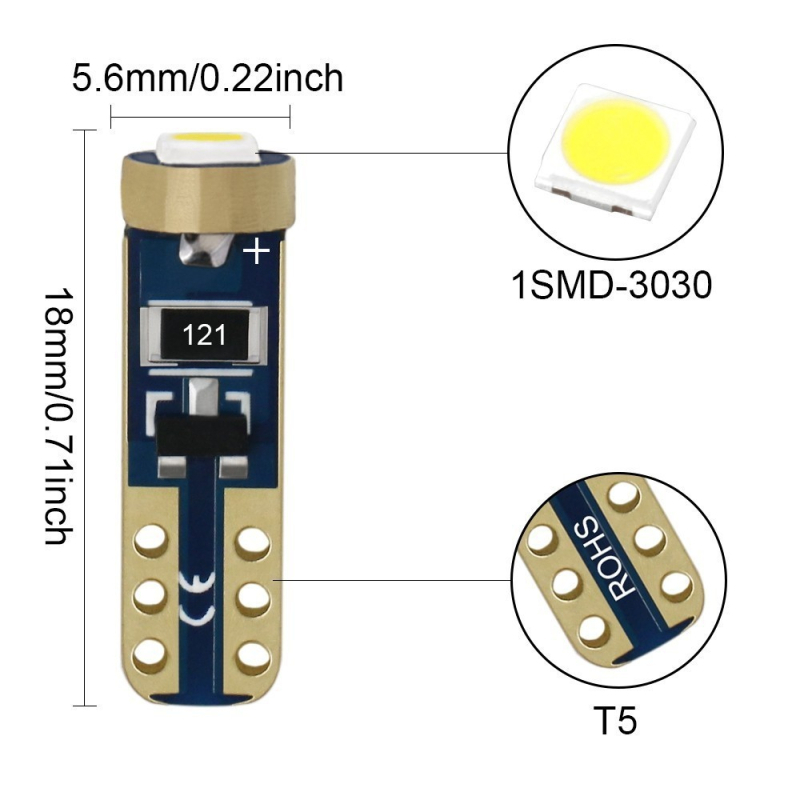 Светлина за приборния панел на автомобил, T5 3030 1smd, 12V, 3W, 300 lm, 50 000 ч